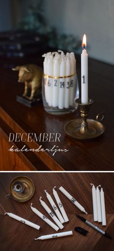 an image of candles and other items on a table with the words december written in white