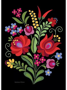 a bouquet of flowers on a black background with swirls and dots in the center