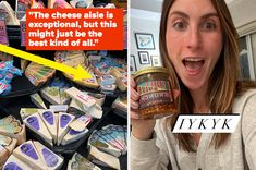 a woman holding up a jar of cheese next to a pile of other food items