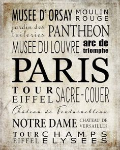 an old poster with the words paris written in black and white on it's side