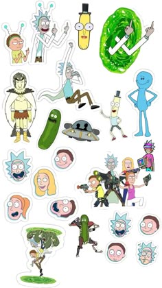 various stickers with cartoon characters and their names on them, all in different colors