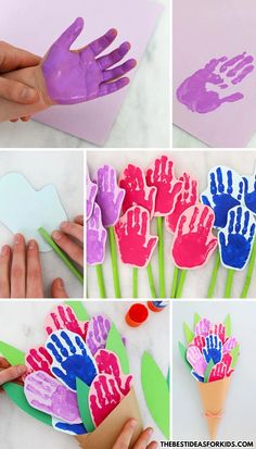 handprinted flowers and hands are being used to make the paper flower bouquets