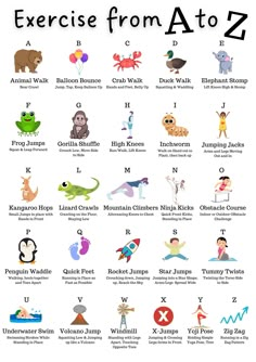 an exercise poster with animals and letters for kids to learn how to use them in the classroom