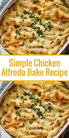 chicken alfredo bake recipe in a white casserole dish with parsley on top