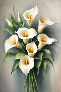 a painting of white calla lilies in a vase