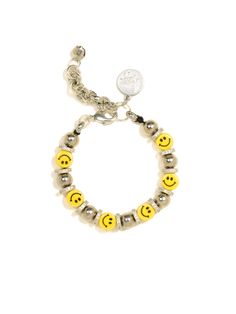 Make a statement and put on a smile with this bracelet! Featuring smiley charms and pave rhinestones - this bracelet will have you feeling happy and looking even happier (in a totally stylish way)! 6" Ceramic charm bracelet 1.5" extension Lobster clasp closure Silver plated brass hardware Pave rhinestones Can be worn as an anklet. Please indicate ankle circumference measurement at checkout so we can make sure it fits as an anklet. Handmade in New York City and Puerto Rico. Due to the handmade na Smile Bracelet, Feeling Happy, Brass Hardware, A Smile, Put On, Smiley, Puerto Rico, Lobster Clasp, Anklets