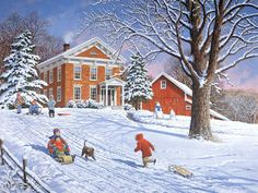 a painting of children sledding in the snow