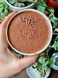 a person holding a cup of hot chocolate in front of some potted plant life