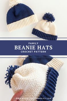 the beanie hat is knitted in two different colors and has pom - poms