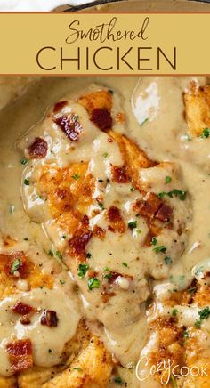 chicken in brown gravy with bacon bits. New Simple Dinner Ideas, Fabulous Dinner Recipes, Best Chicken Dishes Dinners, Quick Dinner Casserole Recipes, Smothered Chicken Crockpot Recipes, Southern Food Recipes Dinner, Dinner Ideas Easy Crockpot Simple, Skillet Chicken Recipes Simple, Easy Meals To Impress Him