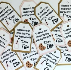 some tags that say thank you for the party with chocolate chip cookies on them,