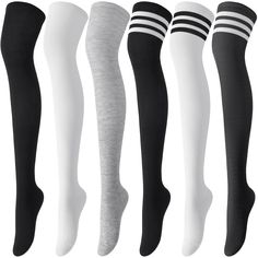 PRICES MAY VARY. Package includes: 6 Pairs high quality thigh high socks, three colors, white, black and gray, three pairs with stripes and three pairs without stripes. 6 pairs allow you to match your outfit at will, one purchase to meet your different needs, they are classical, fashionable and attractive. High-quality Fabric: Our over knee high socks are made of 80% acrylic, 15% spandex, 5% nylon to ensure that they are breathable, comfortable, soft and stretchy for your good wearing experience White Thigh High Socks, White Thigh Highs, Striped Stockings, Black Thigh High, Thigh High Socks, Socks For Women, Thigh High Stockings, Matches Fashion, Knee High Socks