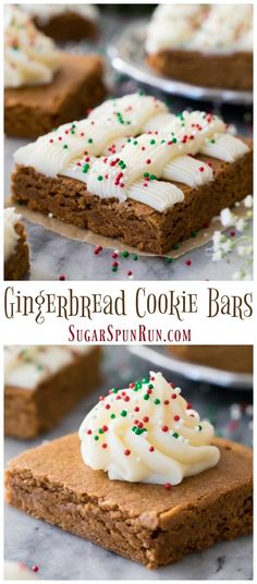 gingerbread cookie bars with white frosting and sprinkles on the top