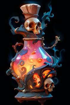 a skull sitting on top of a vase filled with fire and skulls in the air