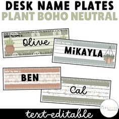 three different name plates with plants on them and the words, plant boho neutral