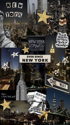 the new york city skyline is shown in this collage