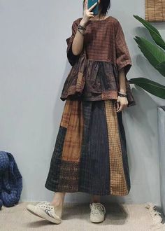 Vintage Colorblock Oversized Patchwork Plaid Linen A Line Skirts Summer Patchwork Clothes, Skirts Summer, Neck Wrinkles, Plaid Shirts, Upcycled Fashion, Cotton Long Sleeve Shirt, Linen Maxi Dress, Summer Fabrics, Linen Top