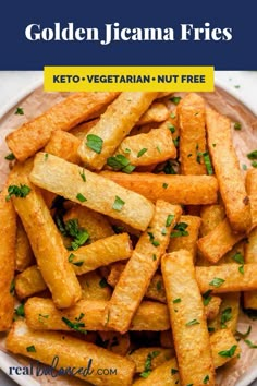 golden jeana fries on a white plate with text overlay that reads golden jeana fries keto - vegetarian nut free