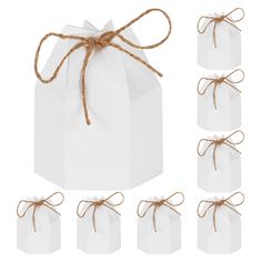 six small white bags tied with twine