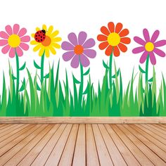 a wooden floor sitting under a wall with flowers and ladybug on the grass