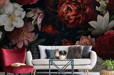 Dutch Floral Wallpaper on the wall of a dark living room behind a grey couch and red chair, features large red flowers on a dark background. Flowers Dark Background, Dark Background Wallpaper, Dahlias Garden, Night Flowers, Retro Wall Art, Dark Floral, Big Flowers, Retro Wall