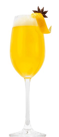 a glass filled with yellow liquid and garnished with an orange peel on top