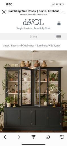 a black china cabinet with glass doors and plants on the top, in front of it