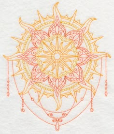 an orange and yellow drawing on white paper with the shape of a flower in the center