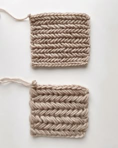 two crocheted squares are shown on a white surface, one is beige and the other is light brown