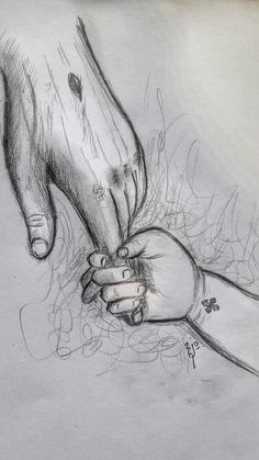 a pencil drawing of someone holding the hand of another person's left arm and foot