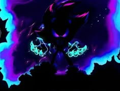 shadow the hedgehog is standing in front of some purple and blue clouds with stars