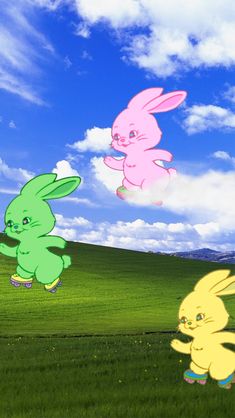 three cartoon characters are flying through the air in front of green grass and blue sky