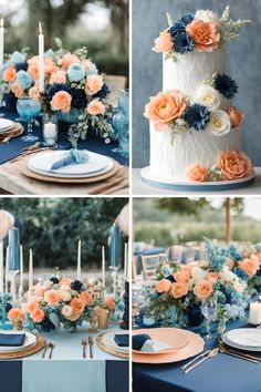 wedding cake with blue and orange flowers on top, candles in the middle and center