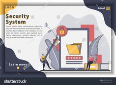 security system banner template with man and woman working on the screen, flat design style