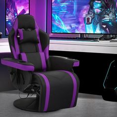 a purple and black gaming chair sitting in front of a tv set with two monitors behind it