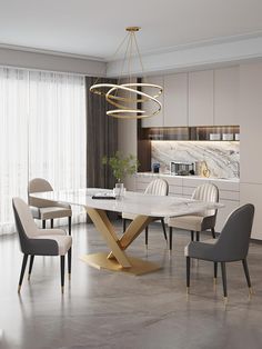 a modern dining room with marble table and chairs