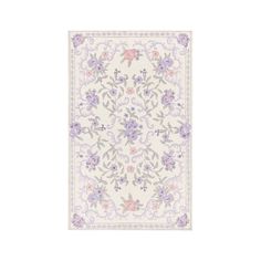 a white rug with purple and pink flowers on the bottom, in front of a white background