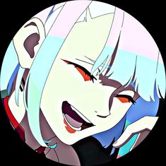 an anime character with blue hair and red eyes smiles in front of a black background