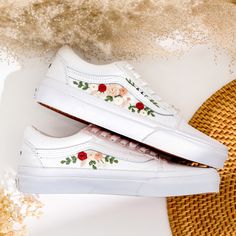 '' Wedding Vans for Bride, Bridal Flowers Embroidered Shoes Custom, Wedding Flowers Embroidered Vans Shoes, Vans Embroidery, Gifts for Wedding, Personalized Bridal Vans'' 🍀 Price includes Converse Shoes and Floral Embroidery Designs as shown 🍀 🍀 Shoe Type: Vans 🍀 Shoe color:3. Oldskool White 1. DETAILS 🍀 You can send me your Converse, Vans, canvas shoes or I can buy them for you. Custom-ordered embroidered Vans and Converse shoes, please wait another 2-4 days. Each pair is hand embroidered to order, please make sure you put in the correct shoe size before you check out. The embroidery is meticulous and does not fade. 🍀 You will receive Vans and Converse shoes with floral embroidery designs as above. 2. PERSONAL EXPRESSION 🍀 Create your unique vibe by your own design of embroidery! I Wedding Low-top Sneakers With Floral Embroidery, Embroidered Sneakers For Wedding, White Embroidered Closed Toe Wedding Shoes, White Wedding Sneakers With Custom Embroidery, Traditional White Embroidered Wedding Shoes, Vans Embroidery, Bridal Vans, Vans Canvas Shoes, Wedding Vans