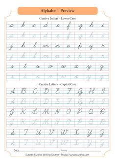 the upper and lower case of an english handwriting practice sheet with cursive letters