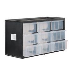 plastic storage drawers with lids and dividers on each side for extra storage, black