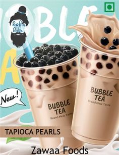 two bubble tea cups with blueberries in them and the words bubble tea on top