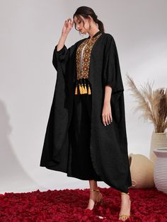 SHEIN Najma Floral Embroidery Tassel Detail Batwing Sleeve Coat & Pants Festive Bohemian V-neck Abaya, Traditional V-neck Black Abaya, Black Bohemian Embroidered Abaya, Bohemian Embroidered V-neck Abaya, Kaftan Pattern, Womens Dress Coats, Black Embroidered Floor-length Abaya, Black Abaya, Stylish Short Dresses