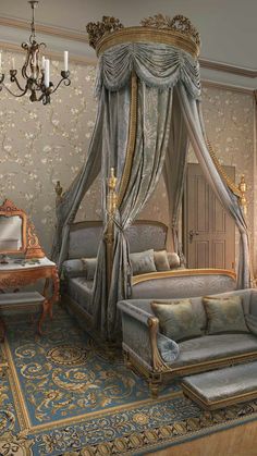 a fancy bedroom with four poster bed, couch and chandelier in the corner