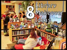 there are many children in the library with bookshelves full of books and toys