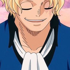 an anime character with blonde hair wearing a blue shirt and white collared necktie