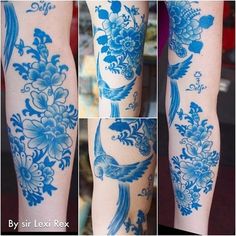 four pictures of different tattoos on the legs and arms, with blue flowers in them