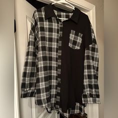 Shein Black And White Flannel- Size Xl- Never Worn Black Long Sleeve Flannel Shirt, Oversized Black Flannel Top, Black Flannel Top For Fall, Trendy Black Flannel Top, Honey Sweater, Shein Sweater, Black And White Flannel, Sweaters Black, Black Flannel