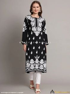 Black Sanaya Modal Chikankari Straight Kurti Lucknowi Chikankari Kurti, Chikankari Kurti, Straight Kurti, Ethical Clothing Brands, Kurta For Women