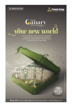 an advertisement for the company called galaxy, featuring a green box filled with lots of buildings